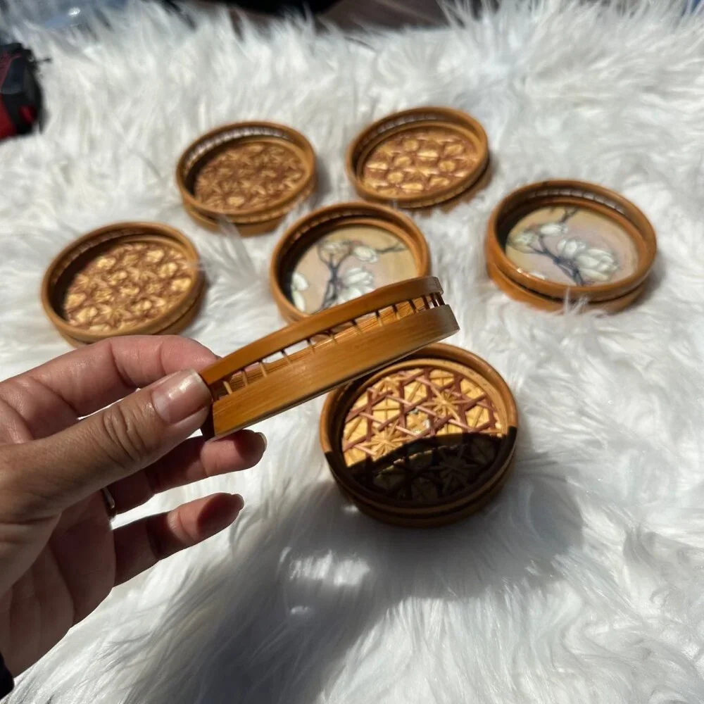 Vintage 7 Piece Set Bamboo Boho Coasters Ornate Midcentury Retro Mod Geo Decor